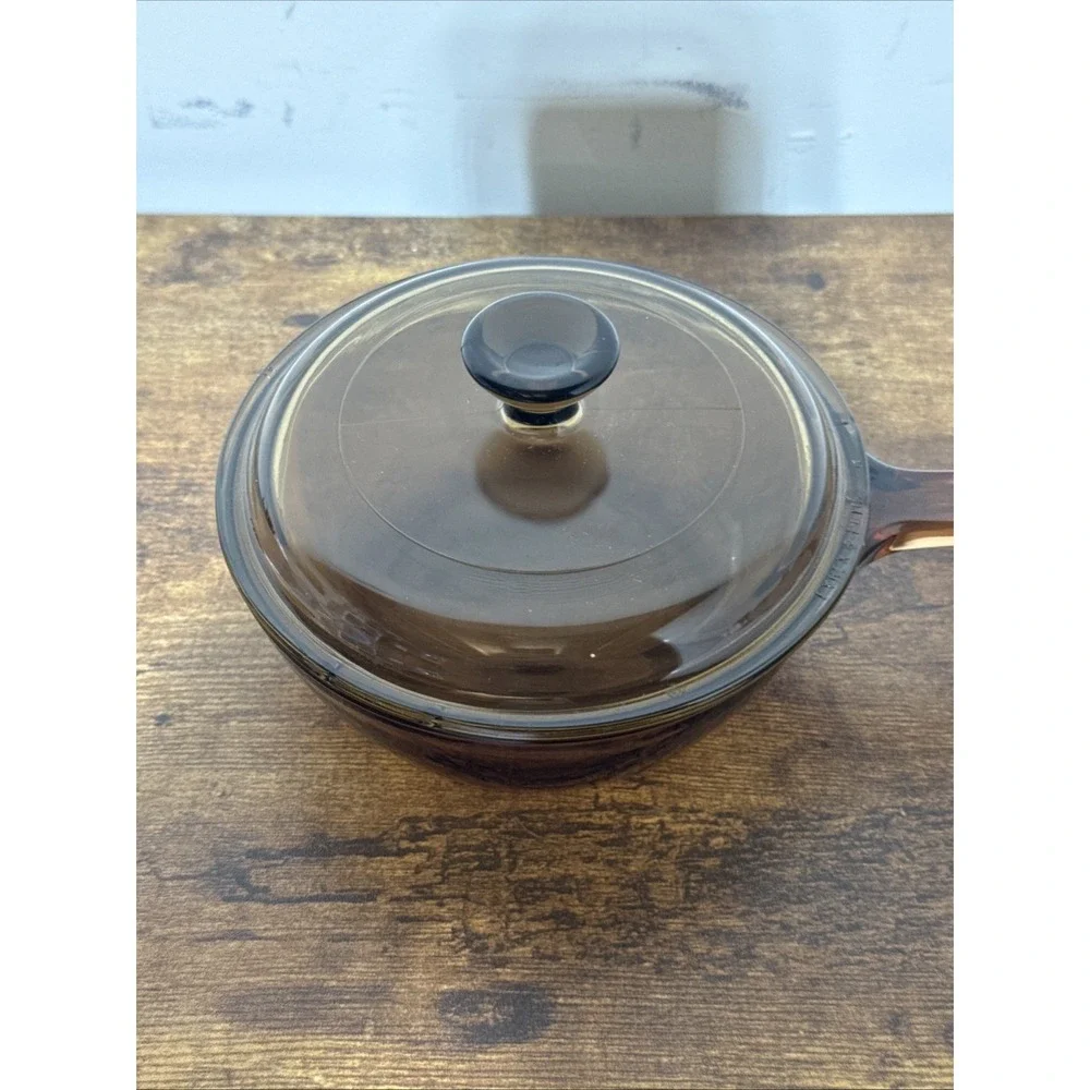 Vision Corning Ware Amber Pyrex Glass 0.5L Sauce Pan/Pot USA With Lid Used